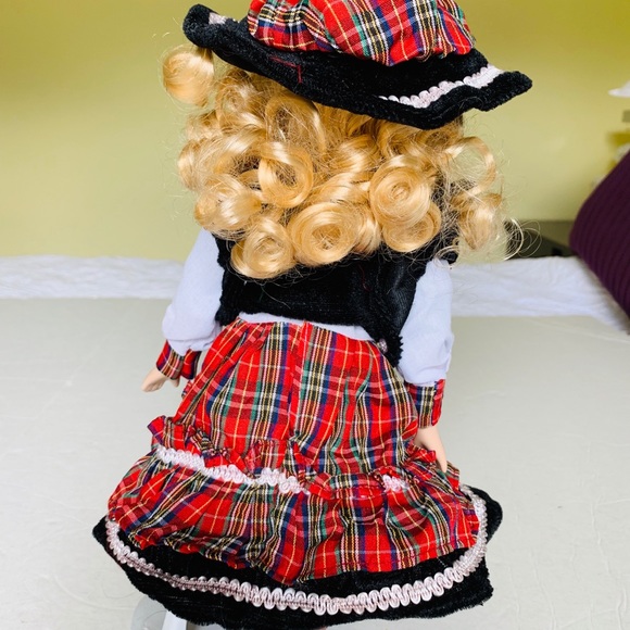 Collectible 15” Porcelain Doll Blond Girl blue eyes red Plaid dress New with box - Picture 4 of 5